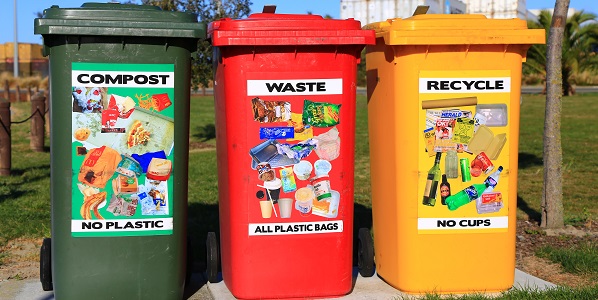 Image of three brightly coloured bins, one each for compost, waste and recycle. 